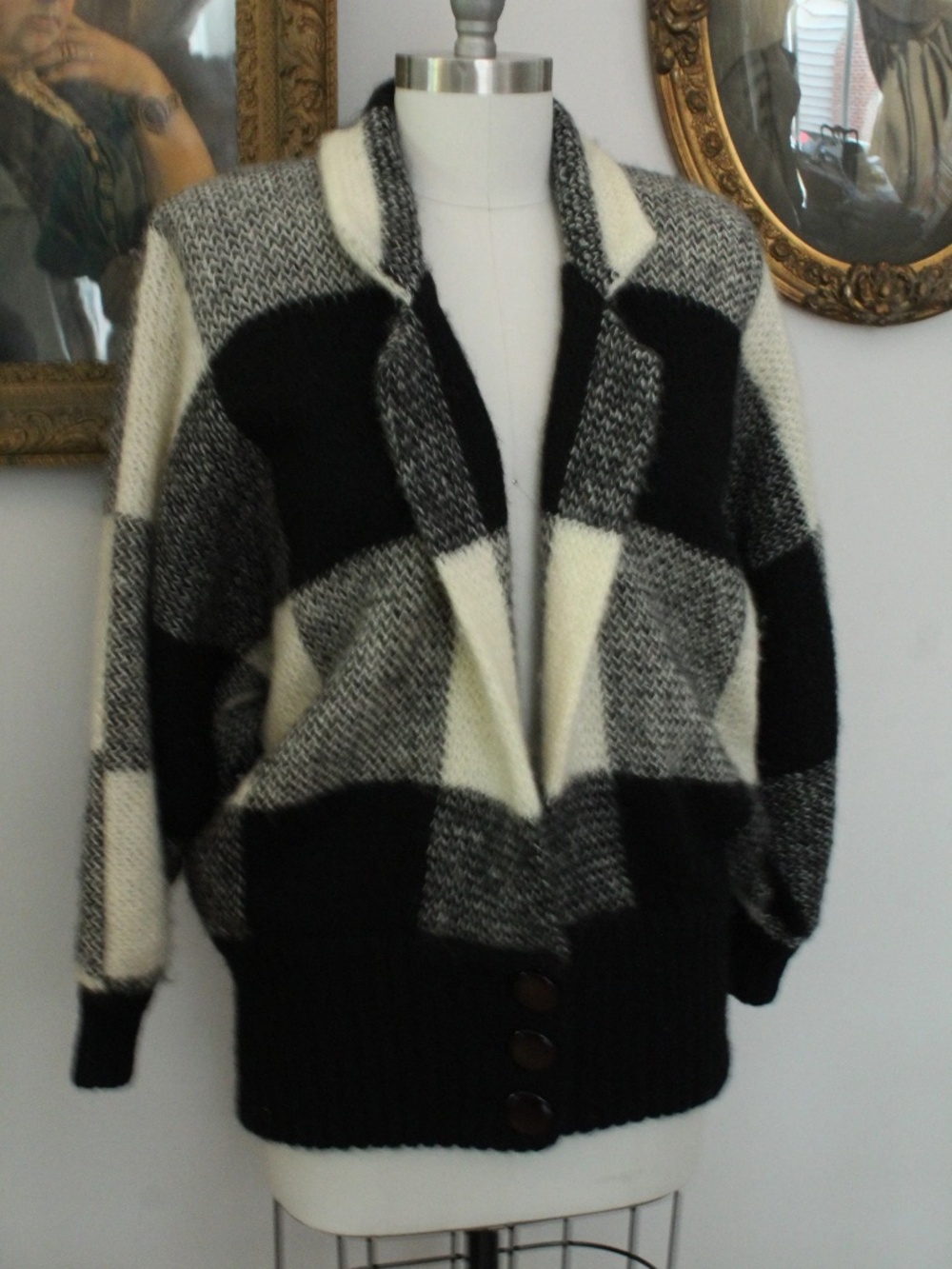 1980’s I.B. Diffusion Oversized Black and White Checkered Cardigan Sweater